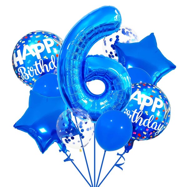 6 Balloon Number, Dark Blue Balloon, Blue Confetti Latex Balloon Foil 6 Birthday Balloon for Anniversary Supplies Kids Birthday Party Banquet Decoration
