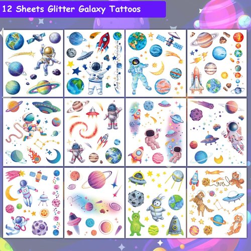 Hohamn 120 Pcs Glitter Galaxy Temporary Tattoos for Boys Kids, 12 Sheets Outer Space Tattoos for Boys Children Birthday Party Supplies Favors Spaceship Decorations