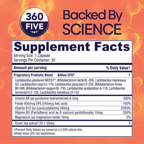 Bio360 Cognitive Support Probiotic for Brain Health, Digestive, Immune Health & Mental Energy, 30 Billion, 10 Probiotics, 25X Green Tea Extract, Magnesium & Vitamin B5, B6 & B12, 30CT