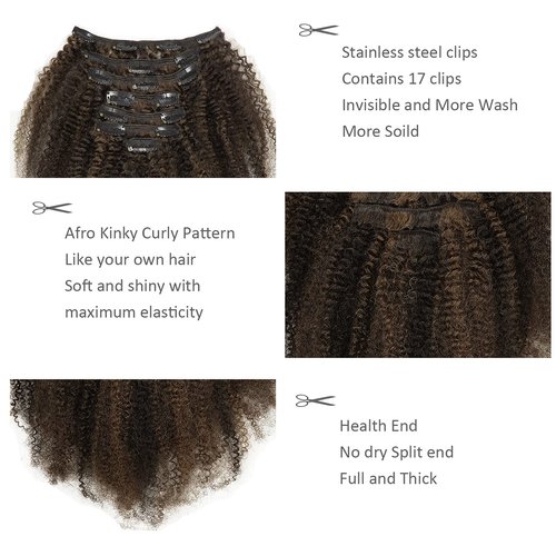 Lacer Hair Short Length Clips in Hair Extensions Afro Kinky Curly Human Hair Extensions for Black Women Piano Natural Black Mixed with Dark Brown 4B 4C Hair 120g Double Weft P#1B/4 AC 10 Inch