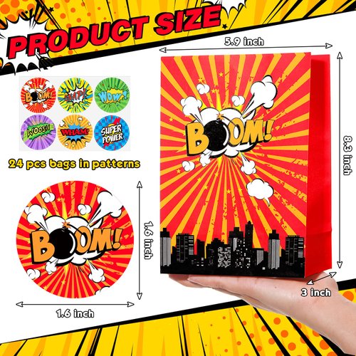 24 Pack Hero Party Gift Bags with Hero Theme Stickers Hero Theme Goodie Bags Hero Party Favor Treat Bags for Kids Hero Theme Birthday Party Decorations