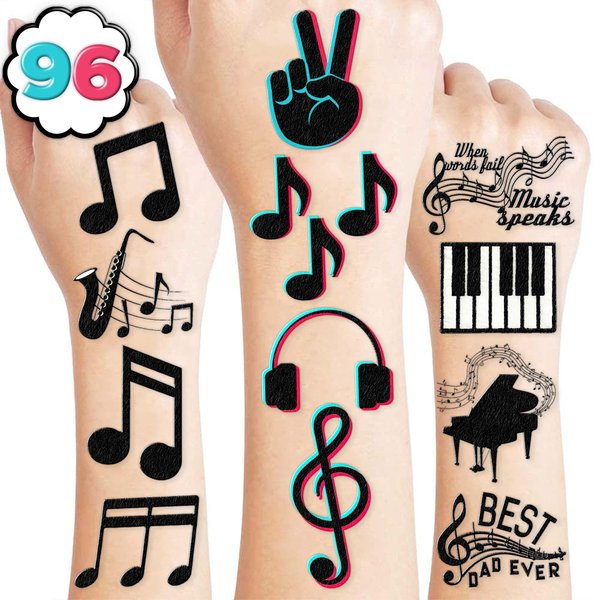 8 Sheets (95PCS) Music Temporary Tattoos Stickers Musical Note Black Theme Birthday Party Decorations Supplies Favors for Kids Girls Boys Gifts Prizes Rewards