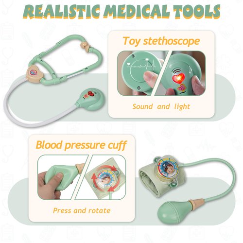 Liberry Doctor Kit for Toddlers 3-5 Years Old, 18-Piece Doctor Bag Pretend Play Toys, Durable Medical Kit with Toy Stethoscope, Green Doctor Gift for Kids