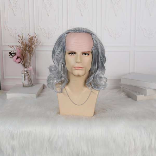 MUPUL Old Man Wig Bald Grey Short Wavy Colonial Wig Cosplay Halloween costumes Wigs For Men
