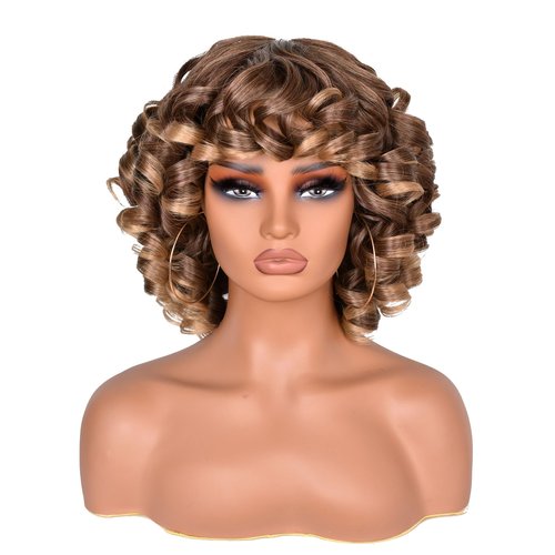 SOFUN Short Curly Wigs for Black Women Afro Curly Wig with Bangs Loose Cute Curly Fluffy Wavy Big Bouncy Fluffy Curly Wig(Ombre Blonde)