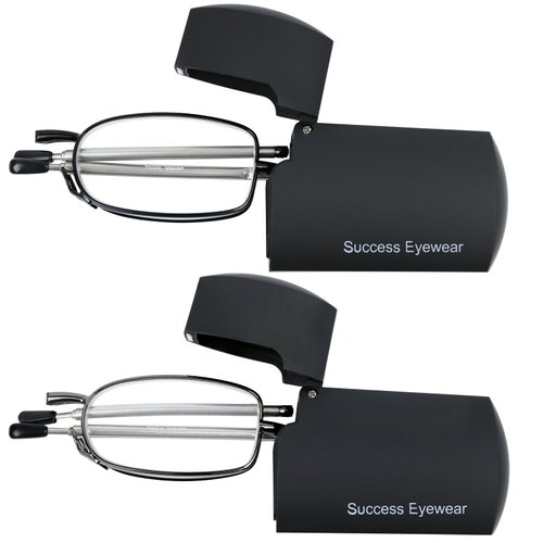 Success Eyewear Reading Glasses 2 Pair Black and Gunmetal Readers Compact Folding Glasses for Reading for Men and WomenCase Included +2