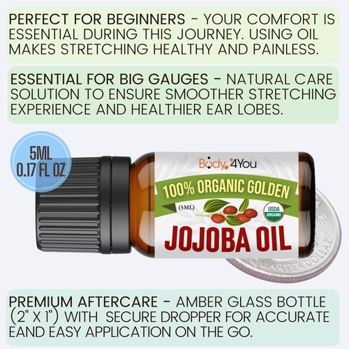 BodyJ4You Jojoba Oil Piercing Aftercare | Stretched Ear Gauges Tragus Nose Septum Lip Navel | Natural Recovery Skin Moisturizer | 100% USDA Organic Pure Unrefined Wax | 0.17 Fl Oz