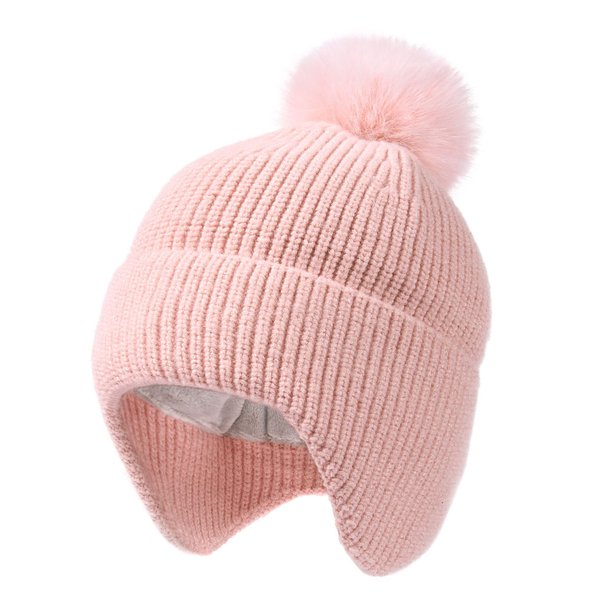 Camptrace Toddler Baby Winter Hat Warm Fleece Lined Knit Kids Hat with Earflap Infant Newborn Pom Pom Beanie Knit Cap Girls Pink