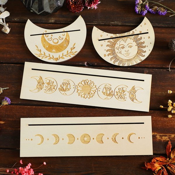 Wooden Tarot Card Stand holder 4 Pieces Moon Phase Tarot Card Altar Stand Moon Shape and Rectangle Card Holder Lenormand or Oracle Card Display Stands Tarot Card Stand for Witch Divination Tools