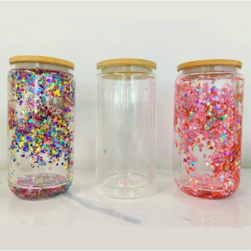 Sublimation Snow Globe Glass-16oz Tumbler Blanks, Double Wall Design, Clear Cups, Eco-Friendly Bamboo Lids, Straws - Ideal for Snow globe DIY, Pre-Drilled - Value 2-Pack