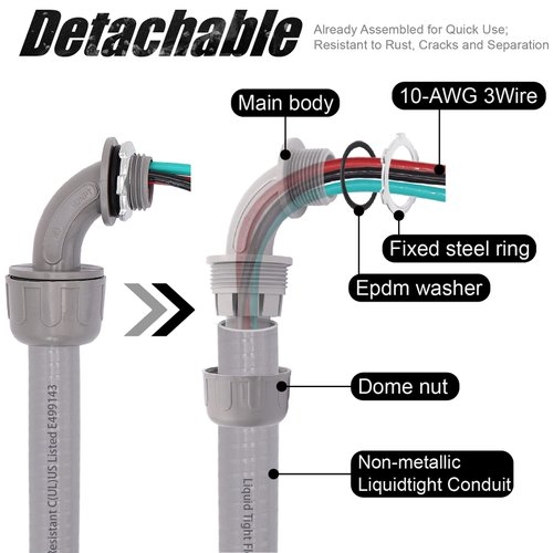 Fuzbaxy 1/2inch-4ft Non-Metallic Liquidtight AC Electrical Whip,Flexible Electrical Conduit 10-Gauge 3Wire (UL) Listed