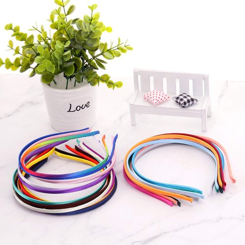 WILLBOND 24 Pieces Thin Satin Headband 5 mm Craft DIY Fabric Covered Ribbon Headbands Narrow Plain Headband for Girls and Women, 24 Colors