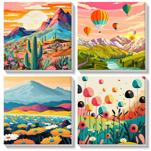 MISCER 4 Pack Paint by Numbers for Kids Adults,Landscape Paint by Number Kits for Kids, DIY Acrylic Oil Painting Suitable for Home Decoration (8x8inch)