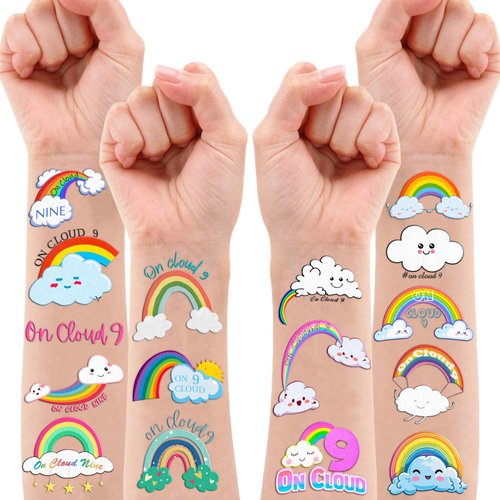 103PCS On Cloud 9 Temporary Tattoos Stickers Themed 9th Birthday Party Favors Decorations Supplies Colorful Rainbow Tattoo Sticker Gifts For Boys Girls School Prizes Carnival Christmas