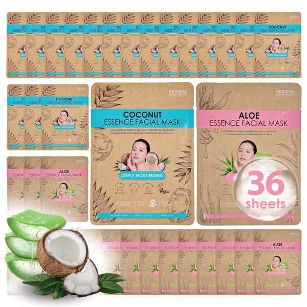 ORIGINAL DERMA BEAUTY 36 PK Vegan Face Masks for Skincare - Coconut, Aloe, Vitamin, Cucumber Facial Sheet Mask Korean Skin Care (36PK Aloe & Coconut)
