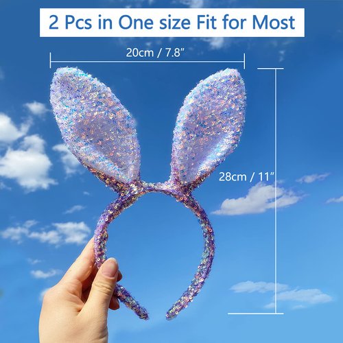 Mabejmart 2PK Easter Headband, Easter Costume Accessories, Bunny Ears Headware, Sewed Sequins Bunny Ears Headhand, Novel Sequin Bunny Headband for Adults Christmas,Easter,Birthday (2PK white+purple)