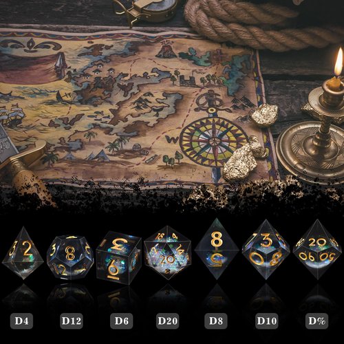 AUSTOR Liquid Core Resin DND Dice Sharp Edge Polyhedral Dice 7-Die DND Dice Set Quicksand Handmade Resin Dice for Dungeons and Dragons RPG MTG Table Games, Black