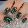 iBeautying Press on Nails - Press On Nails - Chrome Holo Color Green False Nails | Metallic Punk Designed Short Square Reusable Fake Nails in 10 Sizes - 24 Nail Kit with Jelly Glue Pad