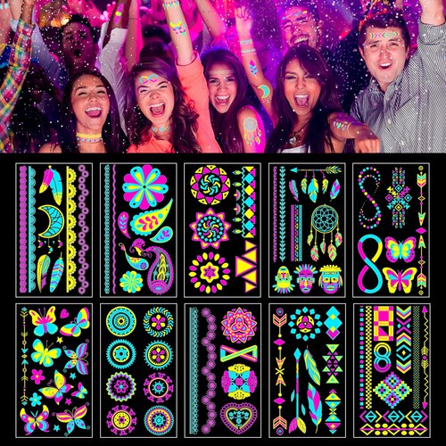 Temporary Tattoos Glow In The Dark Party Supplies Uv Neon Tattoo Stickers Rave Festival Accessories Face Body Paint Makeup Waterproof Blacklight Fake Tattoos For Adults Woman Man