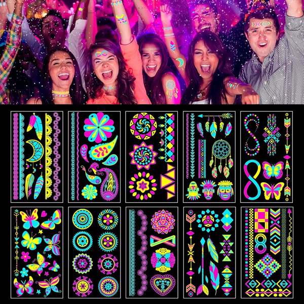 Temporary Tattoos Glow In The Dark Party Supplies Uv Neon Tattoo Stickers Rave Festival Accessories Face Body Paint Makeup Waterproof Blacklight Fake Tattoos For Adults Woman Man