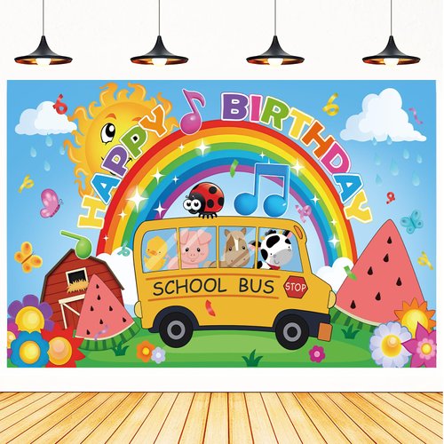Cartoon Melon Birthday Party Supplies,Kid Party Decorations Banner School Bus Backdrop Boys and Girls Happy Birthday Backdrop（70X43IN）