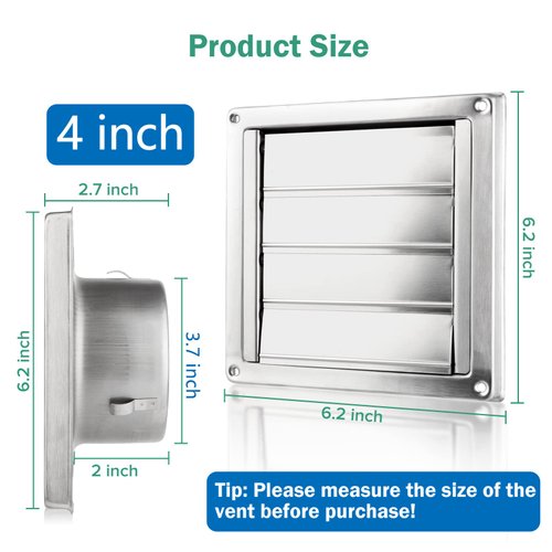 4" Upgrade Metal Dryer Vent Cover for House, Premium Stainless Steel Dryer Vent with 4 Screws Rubber Gasket, Exterior Wall Vent Cover with Louvre for Dryer Vents Range Hood Vent AC Vent by Hydencamm