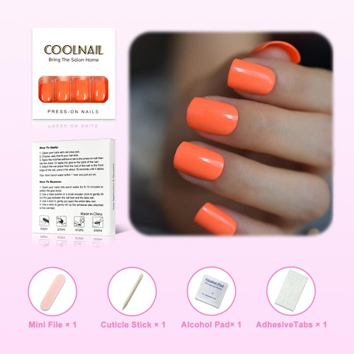 CoolNail Bright Orange Fake Nails Faux Ongles UV False Nails Full Cover Short Glossy Press on False Nail Art Tip Daily Wear Faux Ongles