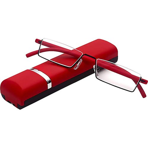 REAVEE Stylish Half Frame Reading Glasses for Women Ladies, Half Lens Lightweight Rectangle Metal Portable Readers with Cases, Red +3.0