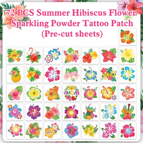 HOWAF 72PCS Hibiscus Glitter Tattoos Hawaii Flower Temporary Tattoos for Aloha Party Decoration, Summer Flower Face Tattoos, Hibiscus Flowers Fake Tattoos Stickers for Kids Women Hawaiian Party Favors