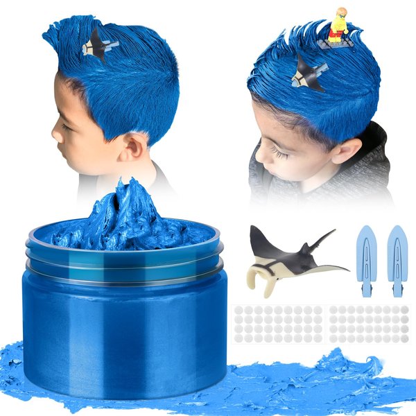 Temporary Hair Color Wax Kit, Stocking Stuffers for Teen Girls age 4 5 6 7 8 9 10+ Hair Dye Color Wax Washable Crazy Hair Sea Style with Devil's fish model (Blue)
