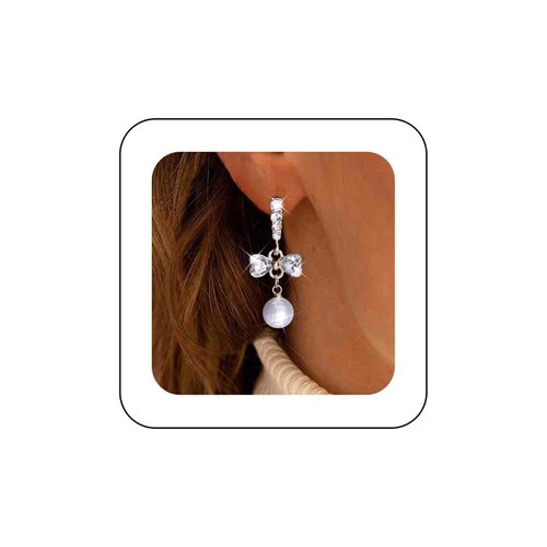 Sttiafay Vintage Crystal Pearl Dangle Earrings Rhinestone Bow Drop Earrings Cz Pearl Earrings Gold Pearl Bow Stud Earrings Jewelry for Women and Girls