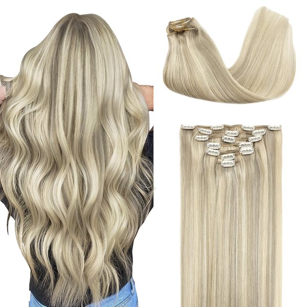 GOO GOO Clip in Hair Extensions Real Human Hair, 14inch 120g 7Pcs, 17A/60A Ash Blonde Highlighted Platinum Blonde, Remy Human Hair Extensions Clip ins for Women, Natural Human Hair