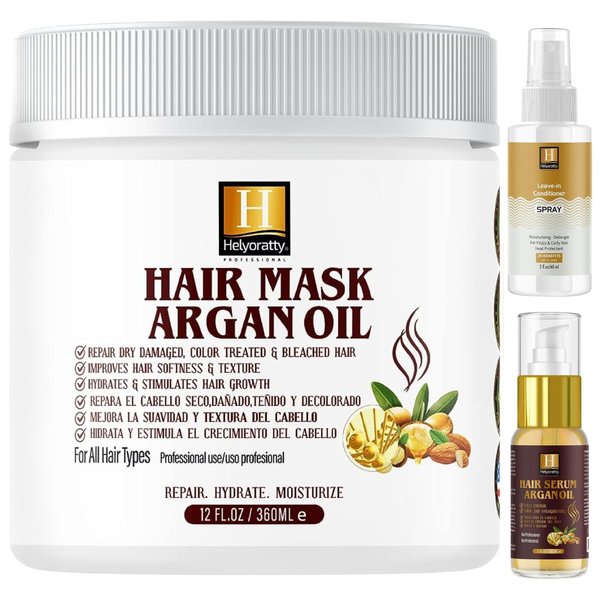 Argan Oil Hair Mask - for damaged hair and growth, moisturizes and repairs dry and damaged hair - Enriched with macadamia, jojoba and almond oil Deep conditioning mask - set All hair types - 12.fl.oz