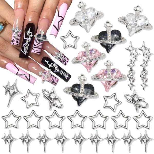 RODAKY 30PCS Star Nail Art Charms 3D Silver Planet Nail Art Supplies with Rhinestones Saturn Shape Design Shiny Starlight Nail Gems Y2K Nail Jewelry Acrylic Accessories for Women Nail Decorations