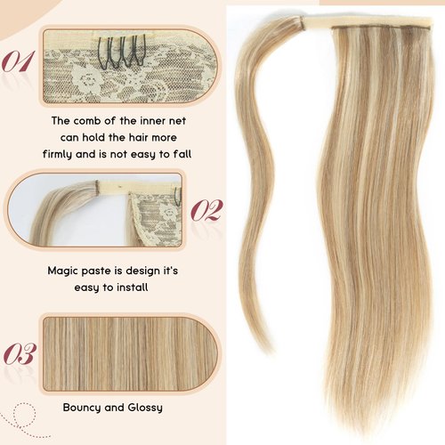 Tinashe Ponytail Extension Human Hair 100% Remy Human Hair Wrap Around Ponytail Hair Extension Long Straight Clip in Ponytail Hair Piece with Magic Paste For Women Highlight #16/613 (#16/613, 22inch)