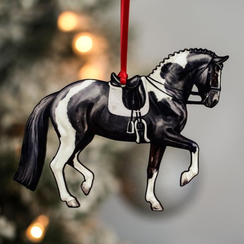 Dressage Horse Christmas Ornaments, Horse Gifts for Women, Horse Ornament Decor (Black and White Tobiano)