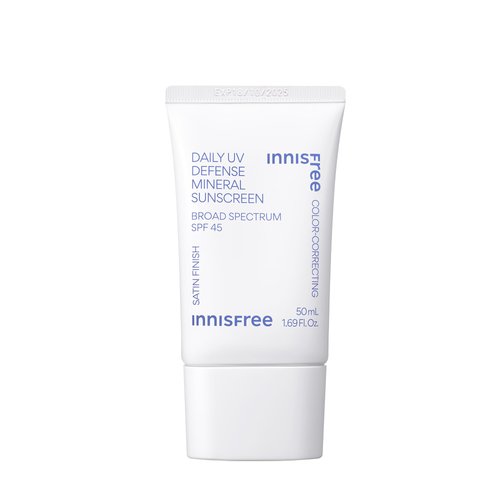 innisfree Daily UV Defense Mineral Sunscreen Broad Spectrum SPF 45 with Hyaluronic Acid, Korean Sunscreen with Color Correcting Green Tint