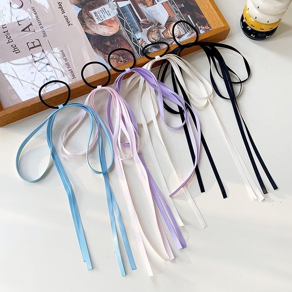 TUCEWP 5Pcs Silky Satin Bow Hair Ties Tassel Ribbon Hair Bows for Women Girls Toddlers Long Tail Bowknot Hair Bands for Thick Hair Cute Stretchy Hair Rope Bow Ponytail Holders Sweet Hair Accessories