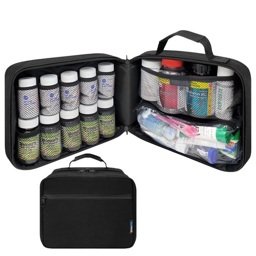StarPlus2 Large Padded Pill Bottle Organizer, Medicine Bag, Case, Carrier for Medications, Vitamins, and Medical Supplies - Travel Medicine Organizer and Home Storage Med Bag - Black (Without Lock)