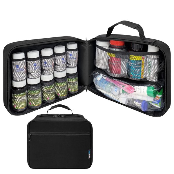 StarPlus2 Large Padded Pill Bottle Organizer, Medicine Bag, Case, Carrier for Medications, Vitamins, and Medical Supplies - Travel Medicine Organizer and Home Storage Med Bag - Black (Without Lock)