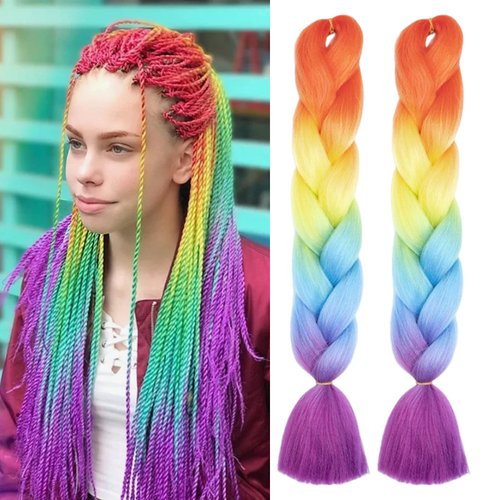 Generic Pride Day Ombre Braiding Hair 24 Inch Colorful Rainbow Twist Braiding Hair Extensions Pre-Stretched Box Braids for Adults Kids Pride Day Parade 2 PCS