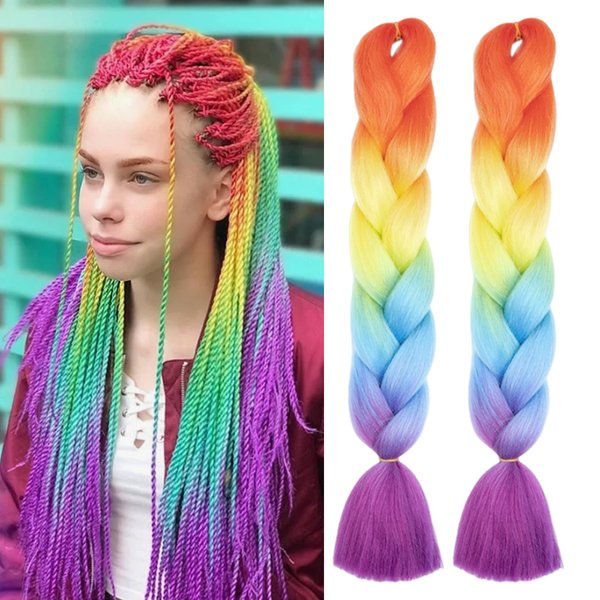 Generic Pride Day Ombre Braiding Hair 24 Inch Colorful Rainbow Twist Braiding Hair Extensions Pre-Stretched Box Braids for Adults Kids Pride Day Parade 2 PCS