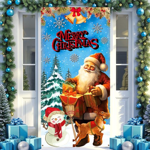 Vintage Christmas Door Cover Decorations Retro Santa Claus Snowman Elk Door Banner Blue Merry Christmas Front Door Hanging Banner Background for Xmas Winter Holiday Indoor Outdoor Party Supplies