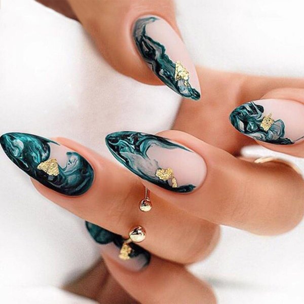 Long Almond Press on Nails Green Marble Pattern Gold Foil Fake Nails Reusable Artificial False Nails with Design Full Cover Acrylic Nails Natural Stick on Nails Glue on Nails for Women DIY Manicure