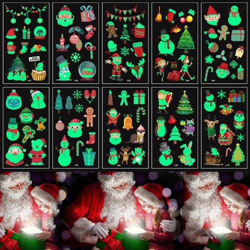 NASAMA 20 Sheets Luminous Christmas Temporary Tattoos for Kids,Christmas theme Party Holiday Waterproof Tattoo Stickers Toys for Boys and Girls (Mixed color 1/20 Sheets)