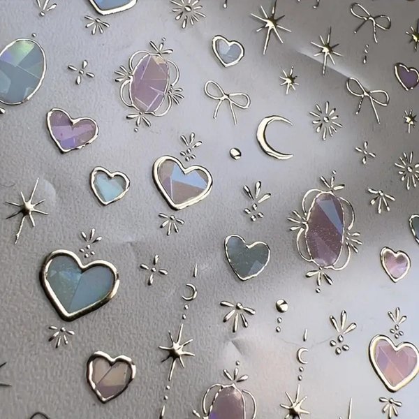 Heart Moon Nail Art Stickers Decals 3D Gold Bronzing Star Bow Nail Decals Star Moon Bow-knot Totem Luxury Design Nails Adhesive Sliders Shiny Manicure Accessories for Women Girls Nail Art Decorations