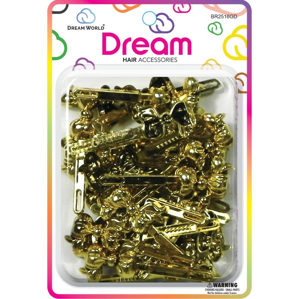 Dream World Self Hinge Barrette Chubby Ribbon Gold 24 Piece Pack BR2516GD