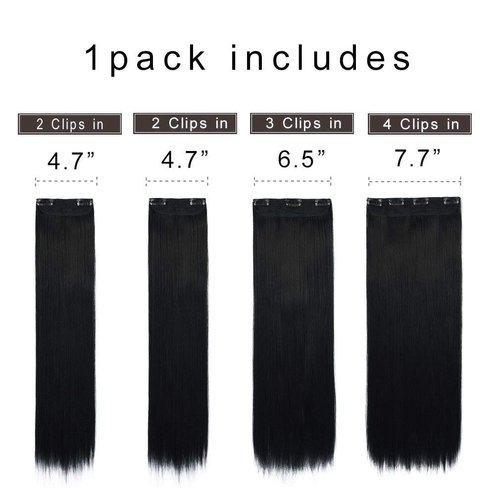 REECHO 24" Straight Long 4 PCS Set Thick Clip in on Hair Extensions Natural Black