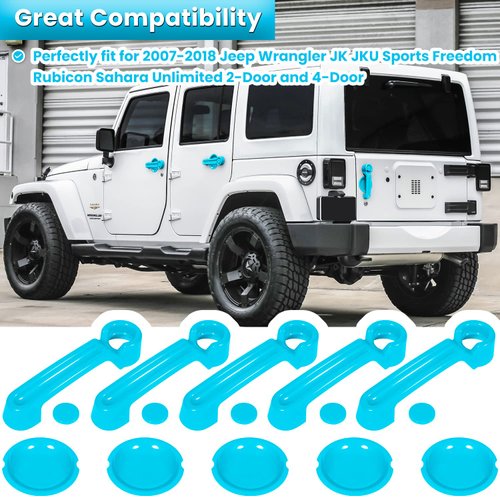 E-cowlboy Door Handle Cover Inserts+Tailgate Handle Cover+Recess Guard for 2007-2018 Jeep Wrangler JK JKU Sports Sahara Freedom Rubicon Unlimited Exterior Accessories (Light Blue 15PCS)