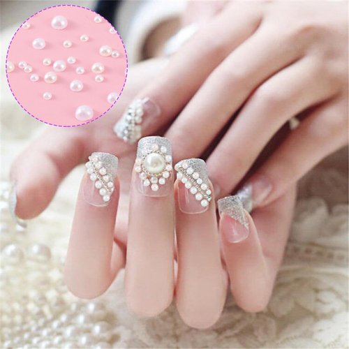 HINZIC 1Box Flatback Pearls Nail Charm 2/3/4mm Half Round Small Nail Beads White for Nail Art for Crafting Wedding Prom Face Makeup Phone Cases DIY Decoration Women Girls Bride